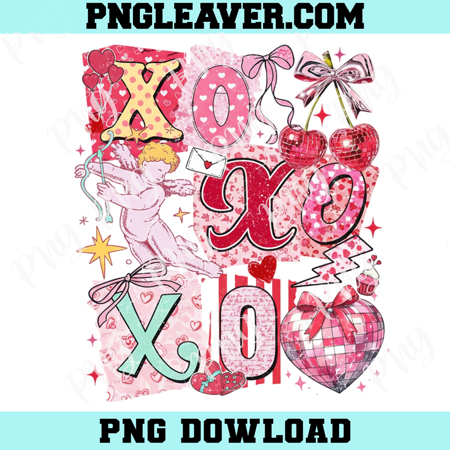 XOXO Valentine Retro Pink Png, Retro Love Png, Coquette Bow Png, Cupid Png, Disco Cherry Png, Preppy Valentine Png, Disco Heart Png