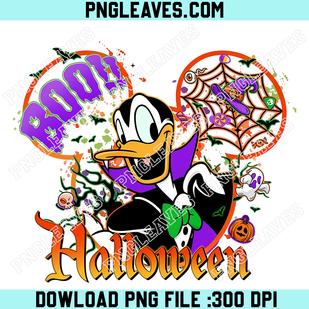 Donald Duck Boo Halloween Dracula PNG, Purple Vampire Cape Pumpkin Spooky Digital Art