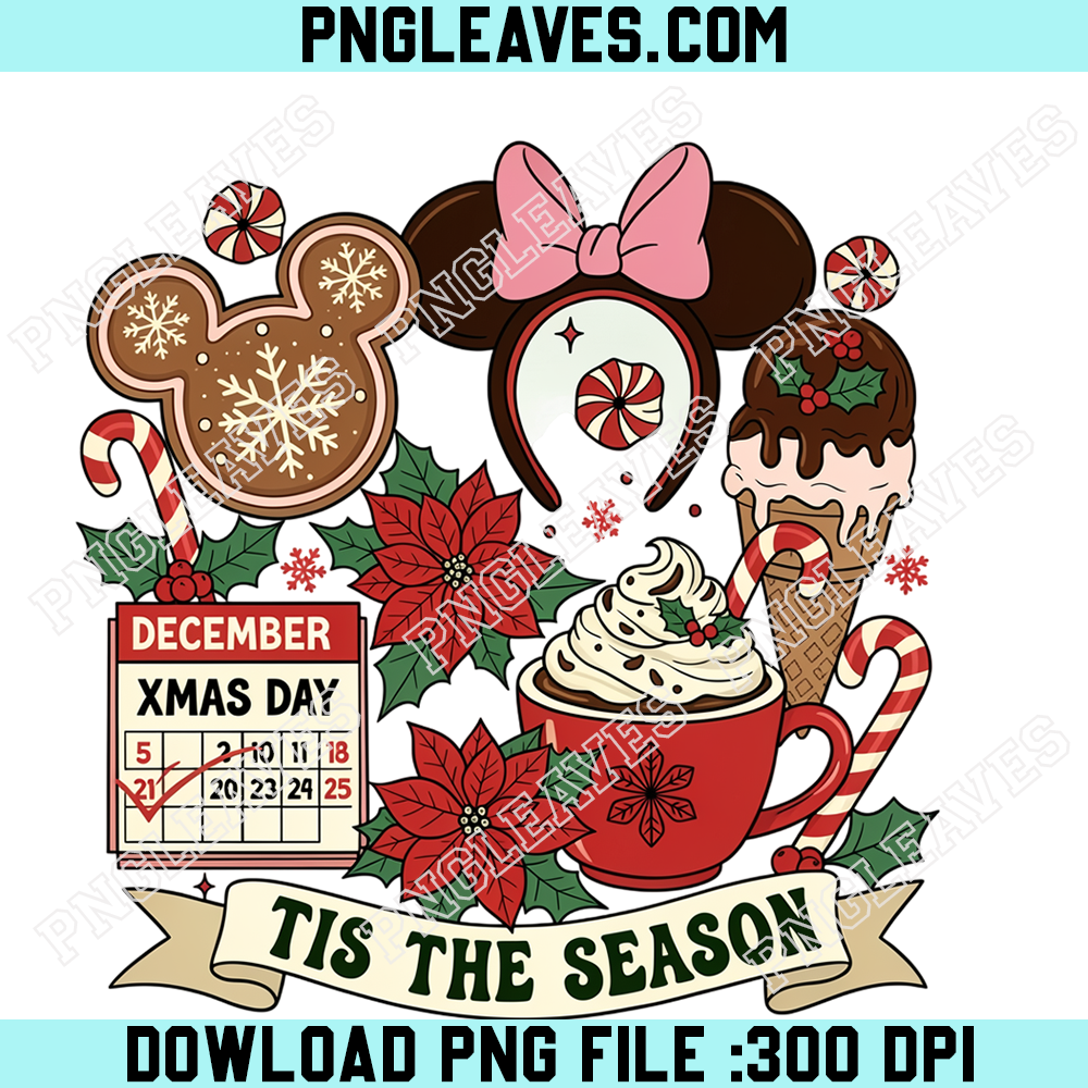 Minnie Mouse Gingerbread Christmas Treats PNG, Tis The Season Holiday Cocoa Peppermint Cookies and Poinsettia