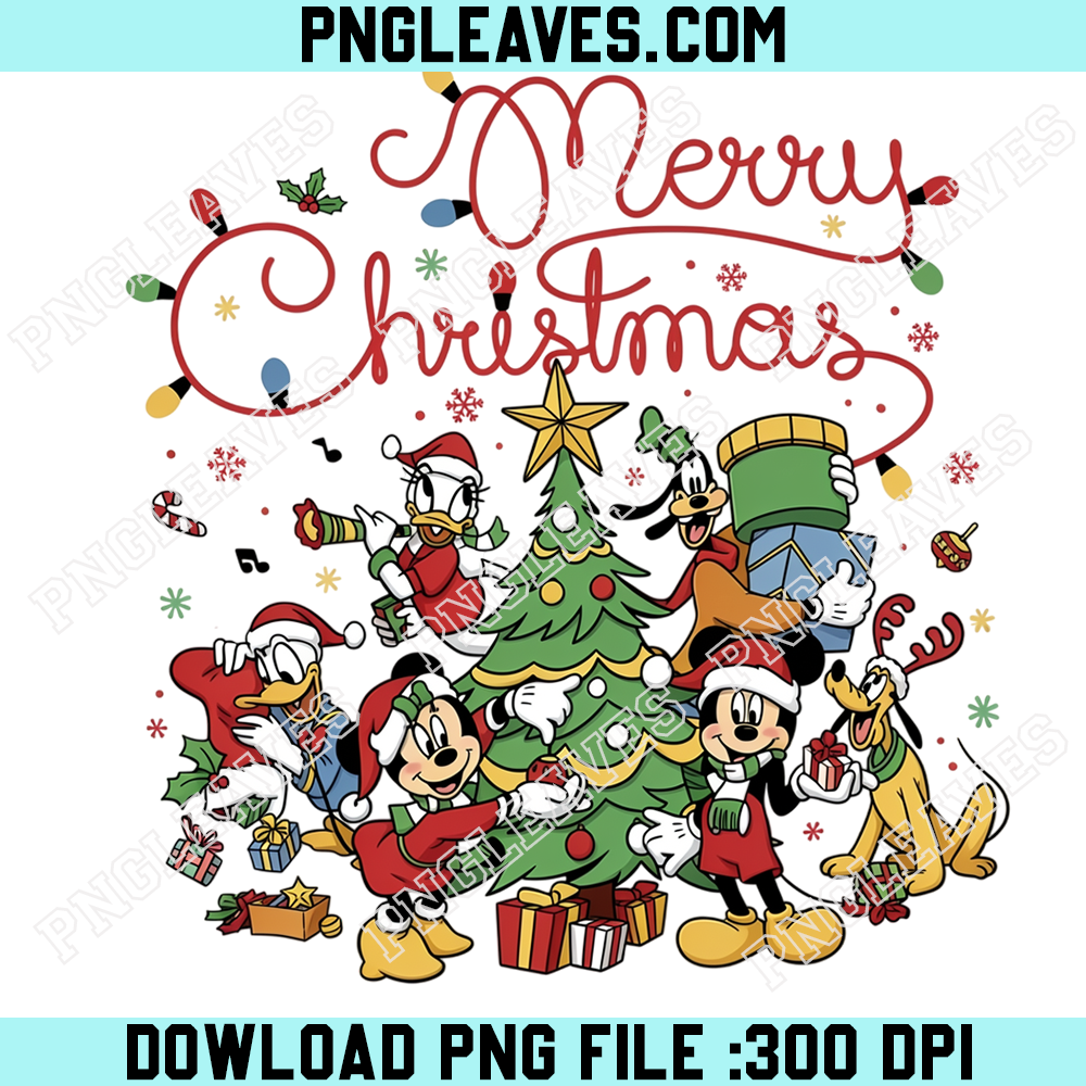 Mickey Mouse Friends Decorating Christmas Tree PNG, Minnie Donald Daisy Goofy and Pluto Festive Holiday Gathering