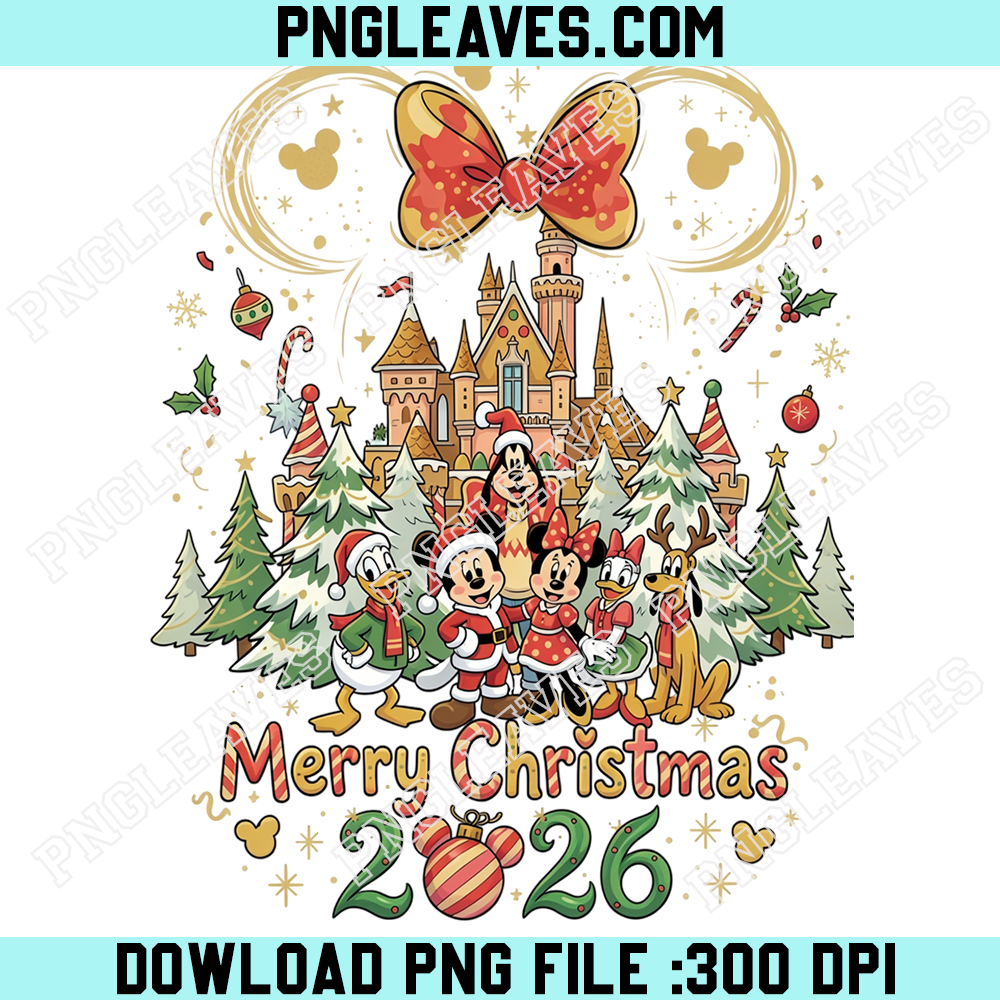 Mickey and Friends Merry Christmas 2026 PNG, Golden Mouse Ears Bow with Magical Winter Castle and Holiday Decorations