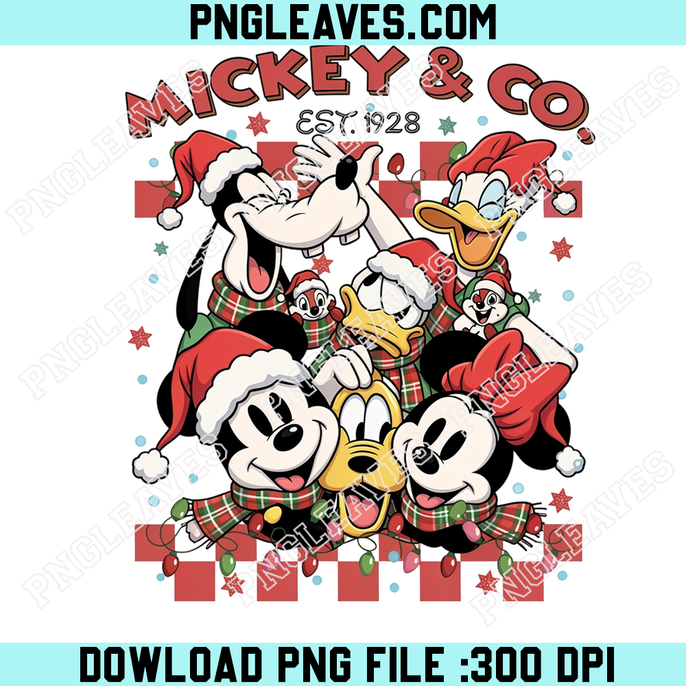 Mickey and Co Christmas Character Collage PNG, Goofy Donald Daisy Minnie Pluto and Chipmunks in Festive Santa Hats