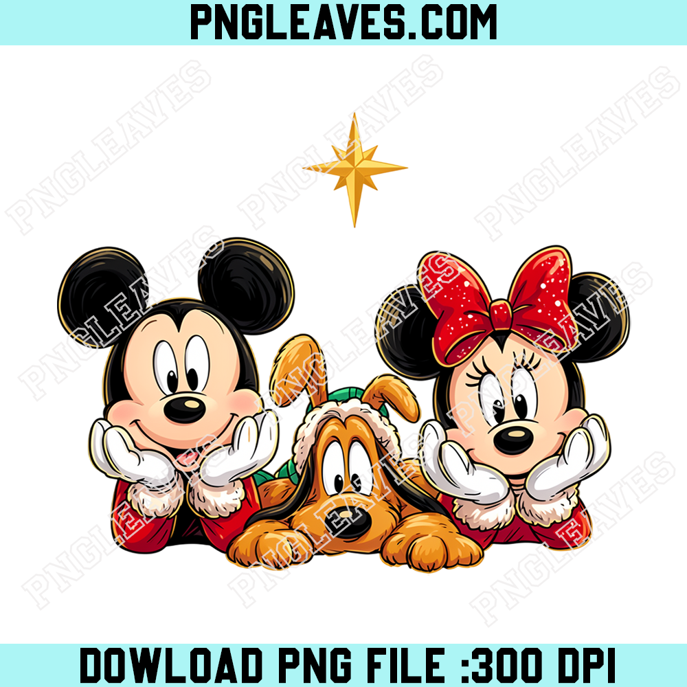 Mickey Minnie Pluto Christmas Surprise PNG, Adorable Festive Friends Golden Star Artwork