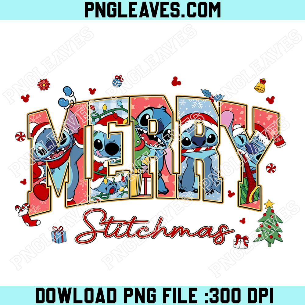Merry Stitchmas Christmas Lettering PNG, Stitch Santa Holiday Typography Sublimation Design