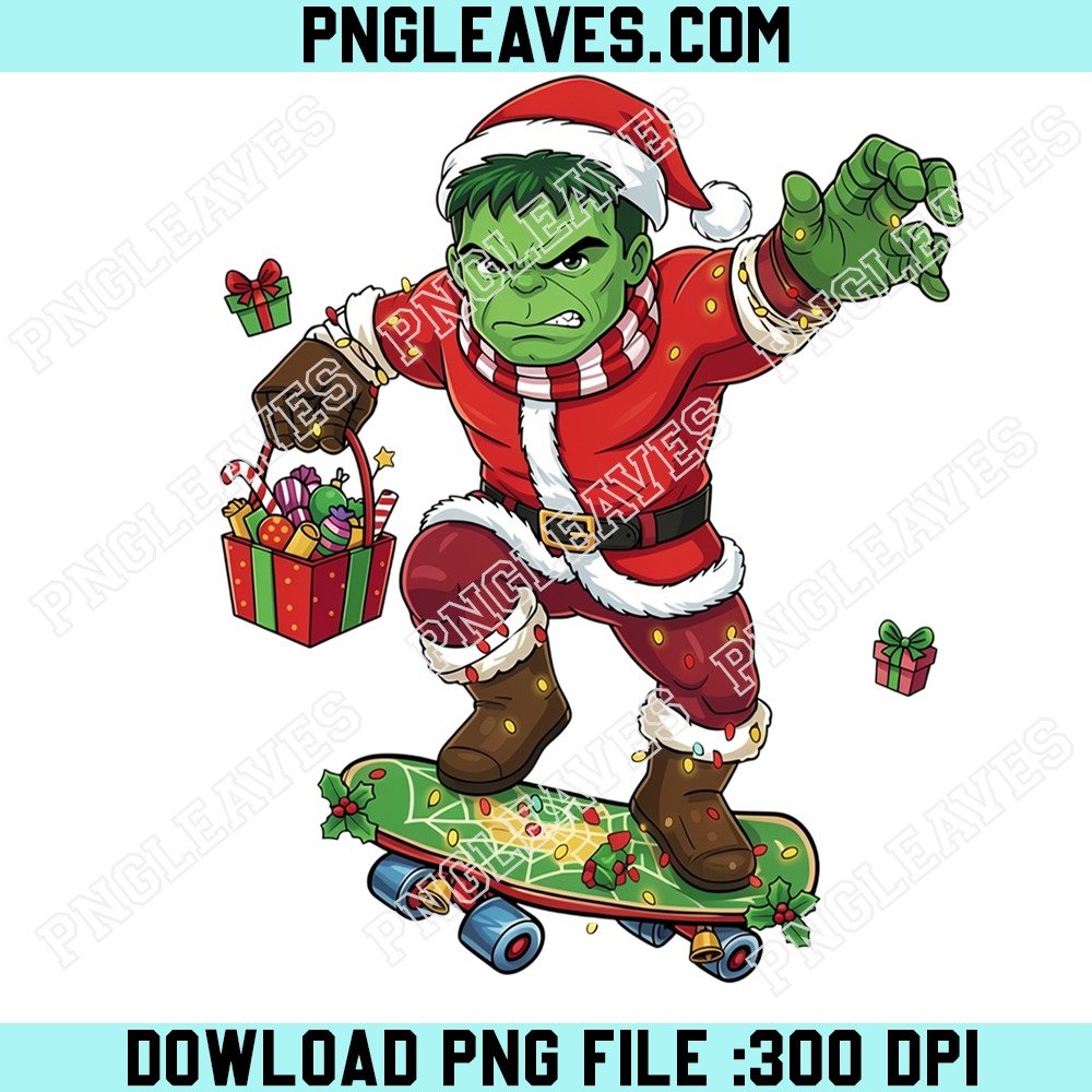 Hulk Christmas Green Giant Skateboard PNG, Funny Holiday Superhero PNG