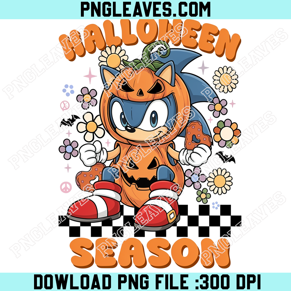 Sonic the Hedgehog Pumpkin Costume Halloween PNG, Cute Blue Speedster with Fall Flowers and Pumpkin Treats