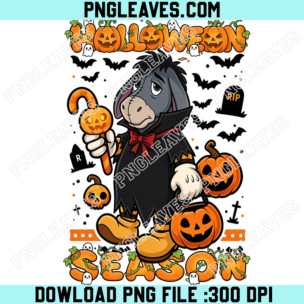 Eeyore Vampire Halloween Season PNG, Winnie the Pooh Donkey with Pumpkin Candy Pail and Spooky Black Cape
