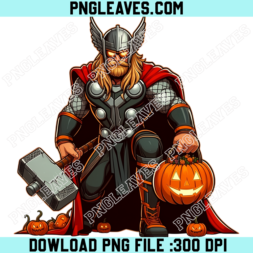Thor Halloween Trick or Treat PNG, Mighty Thunder God with Glowing Eyes and Jack O Lantern Candy Bucket
