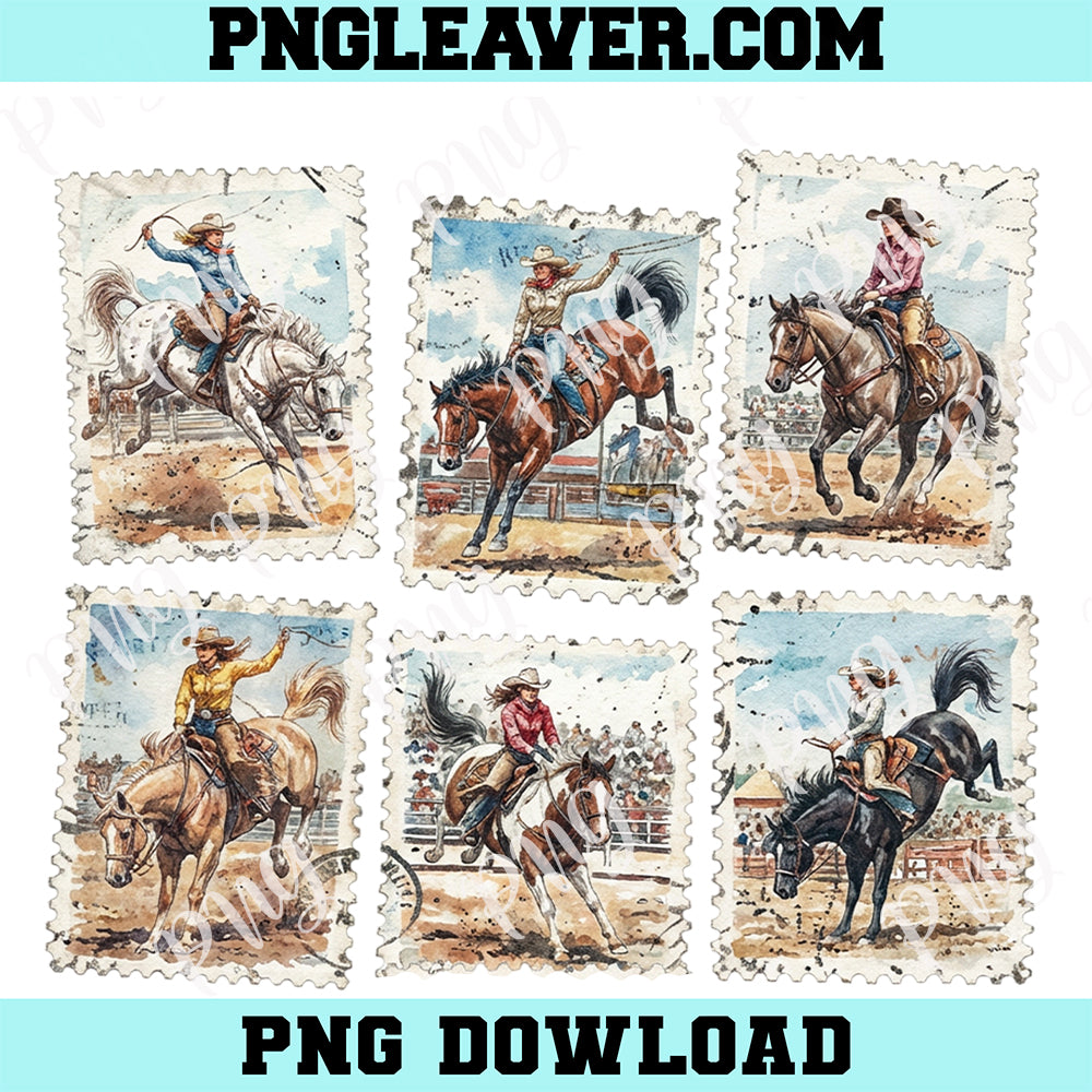 Cowgirl Bucking Horse Stamp Set Png, Retro Western Vintage Rodeo Png