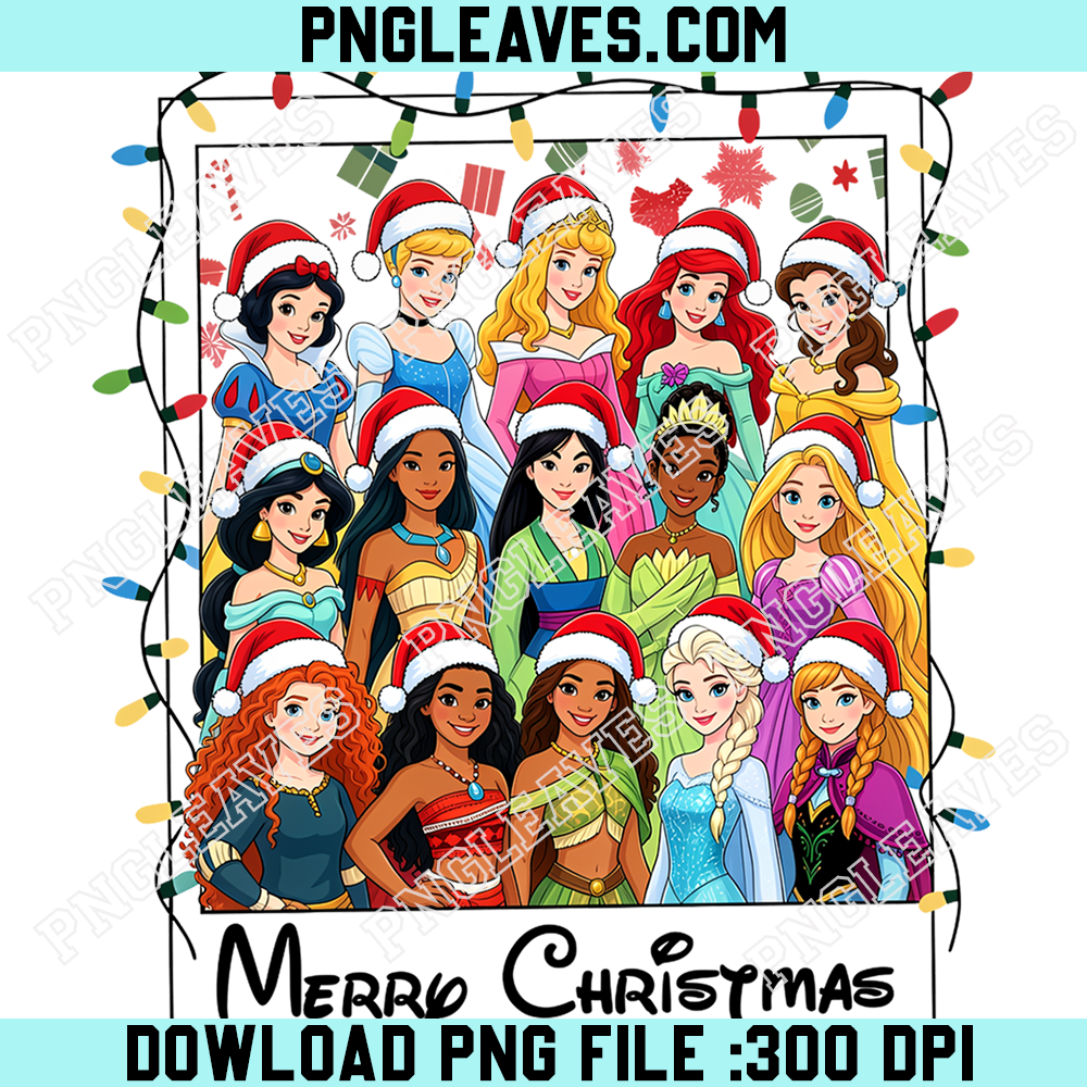 Disney Princesses Santa Hat Christmas Collage PNG, Beautiful Fairytale Royal Ladies with Festive Holiday Lights