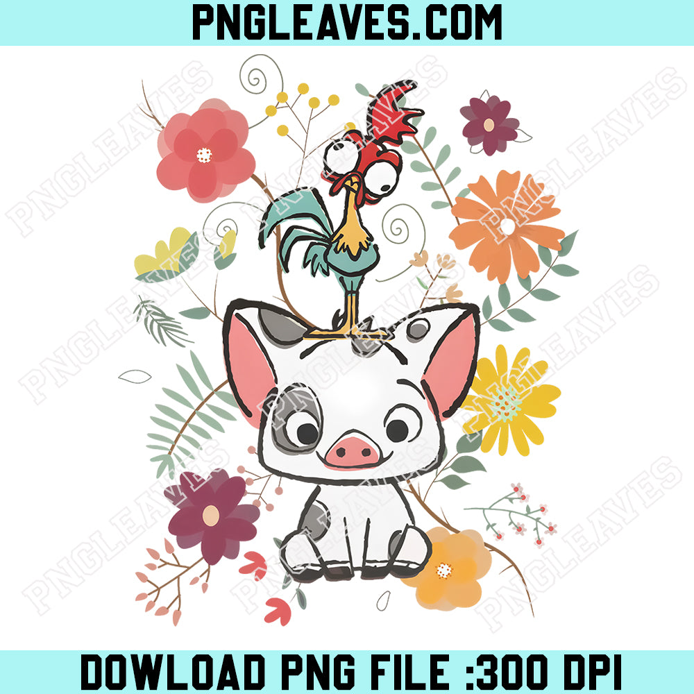 Retro 70s Pua And Hei Hei Floral Png, Disney Moana Png, Disneyland Trip Png