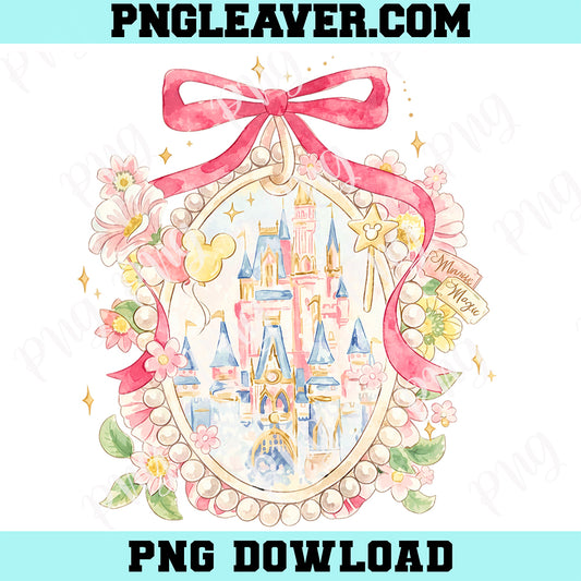 Vintage Watercolor Coquette Bow Disney Castle Png, Disney Family Trip Png