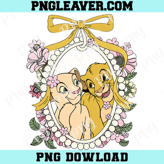 Retro Disney Lion King Simba And Nala Png, Disney Graphic Tee Png, Cute Floral Cartoon Png