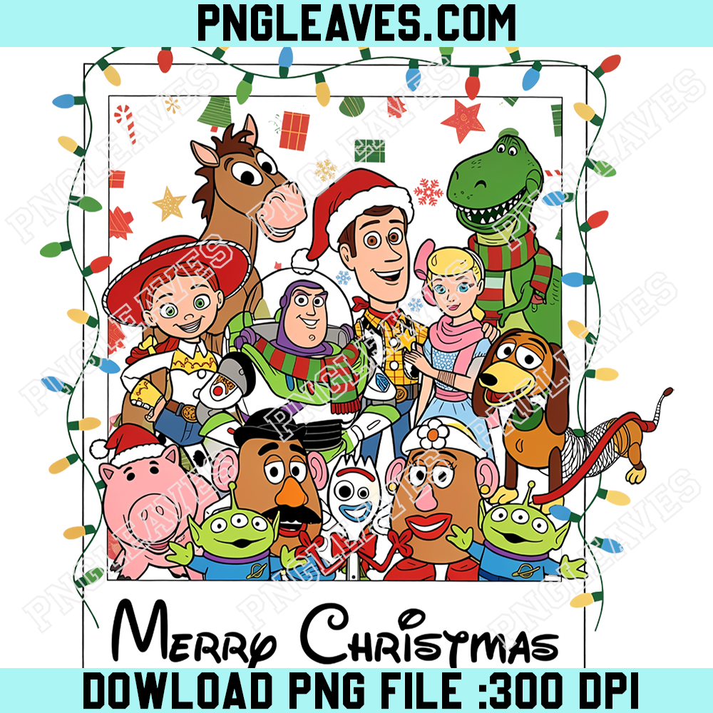 Toy Story Christmas Family Portrait PNG, Woody Buzz Jessie and Friends Surrounded by Colorful Holiday Lights PNG