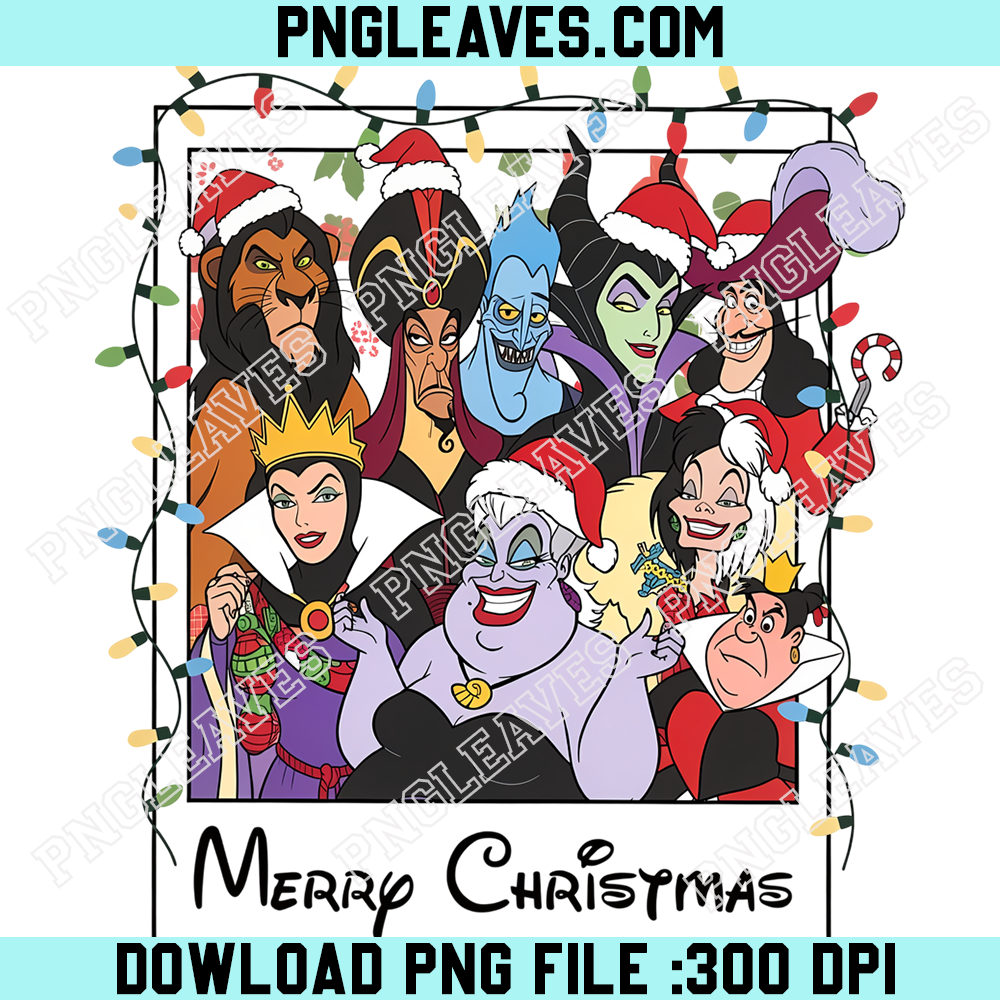 Disney Villains Merry Christmas Group PNG, Scar Jafar Ursula Maleficent and Cruella Wearing Festive Santa Hats