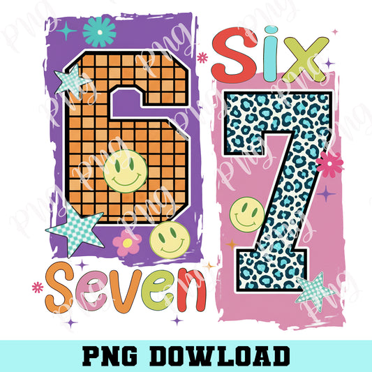 School 6 7 PNG, Teacher 6 7 PNG, Colorful Retro 67 PNG, Y2K Smiley Face Six Seven PNG
