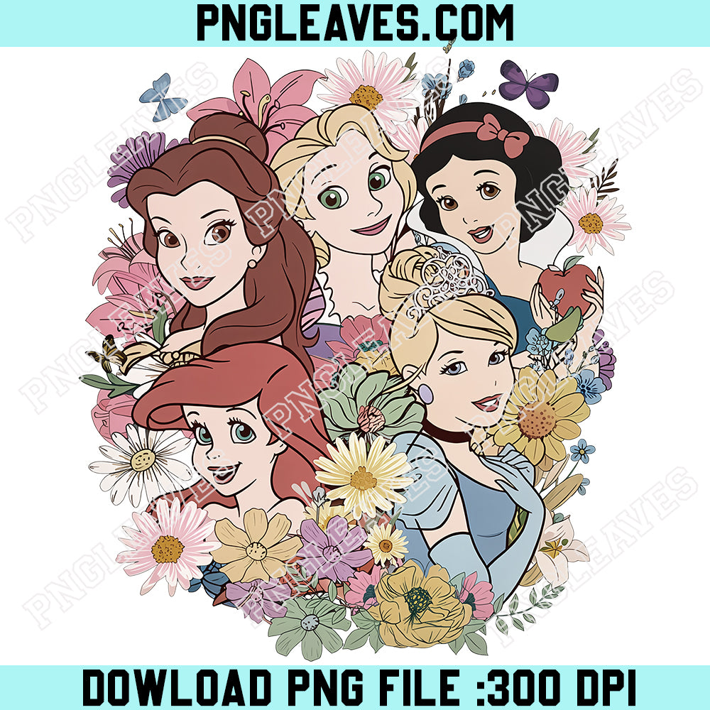 Vintage Floral Disney Princess PNG, Disney Girl Trip PNG, Disney Princess PNG