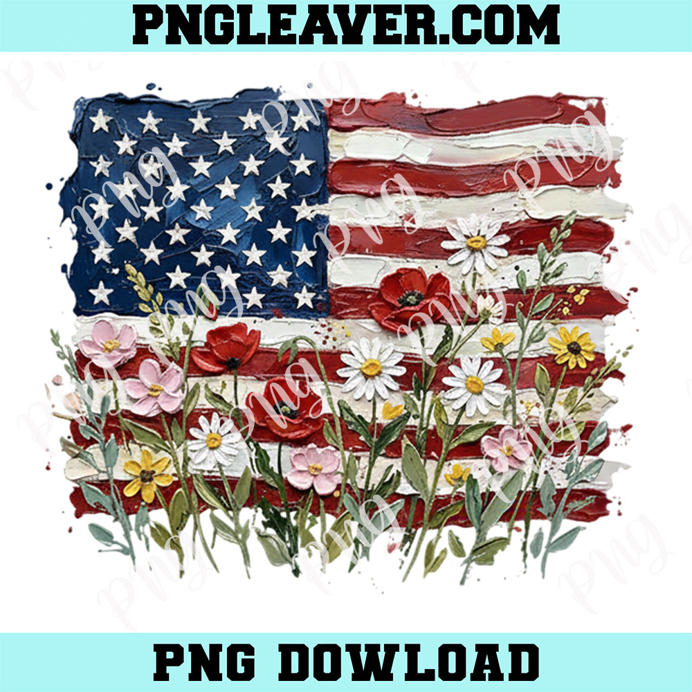 American Flag Floral Paint Png, Patriotic Wildflower USA 4th of July Png