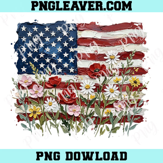 American Flag Floral Paint Png, Patriotic Wildflower USA 4th of July Png