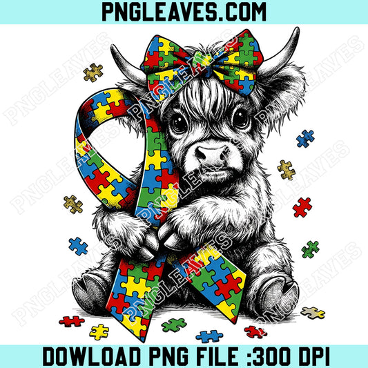 Autism Highland Cow Png, Retro Autism Puzzle Ribbon Png, Autism Awareness Png
