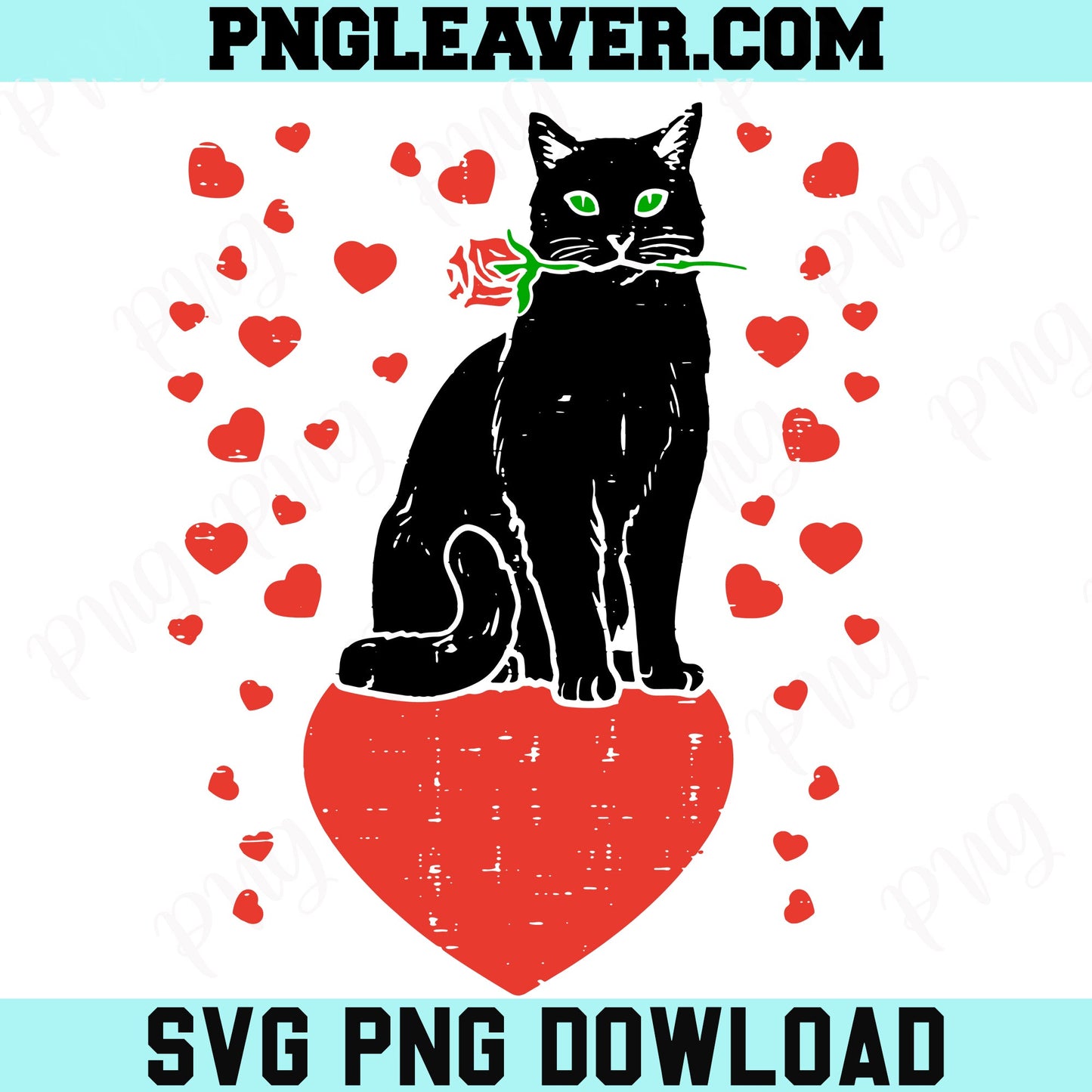 Black Cat Biting Rose Hearts Svg Png, Valentines Day Animal Pet Svg