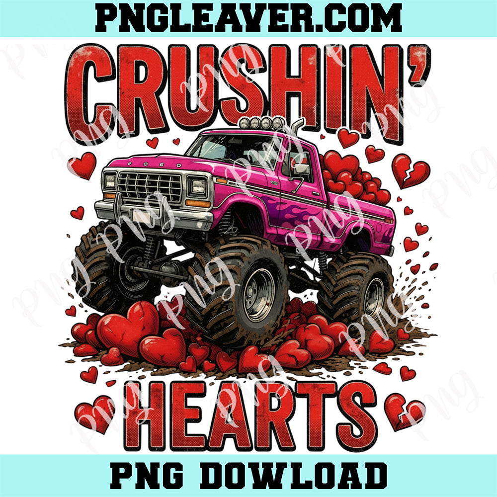 Crushin Valentine Monster Truck PNG Design, Crushin Hearts Toddler Png, Retro Distressed Kids Png