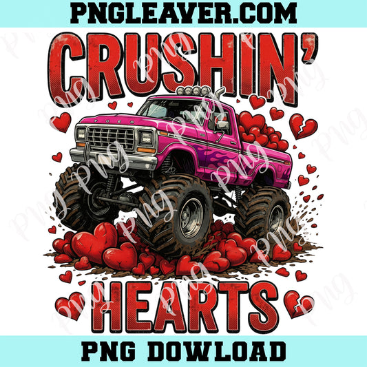Crushin Valentine Monster Truck PNG Design, Crushin Hearts Toddler Png, Retro Distressed Kids Png