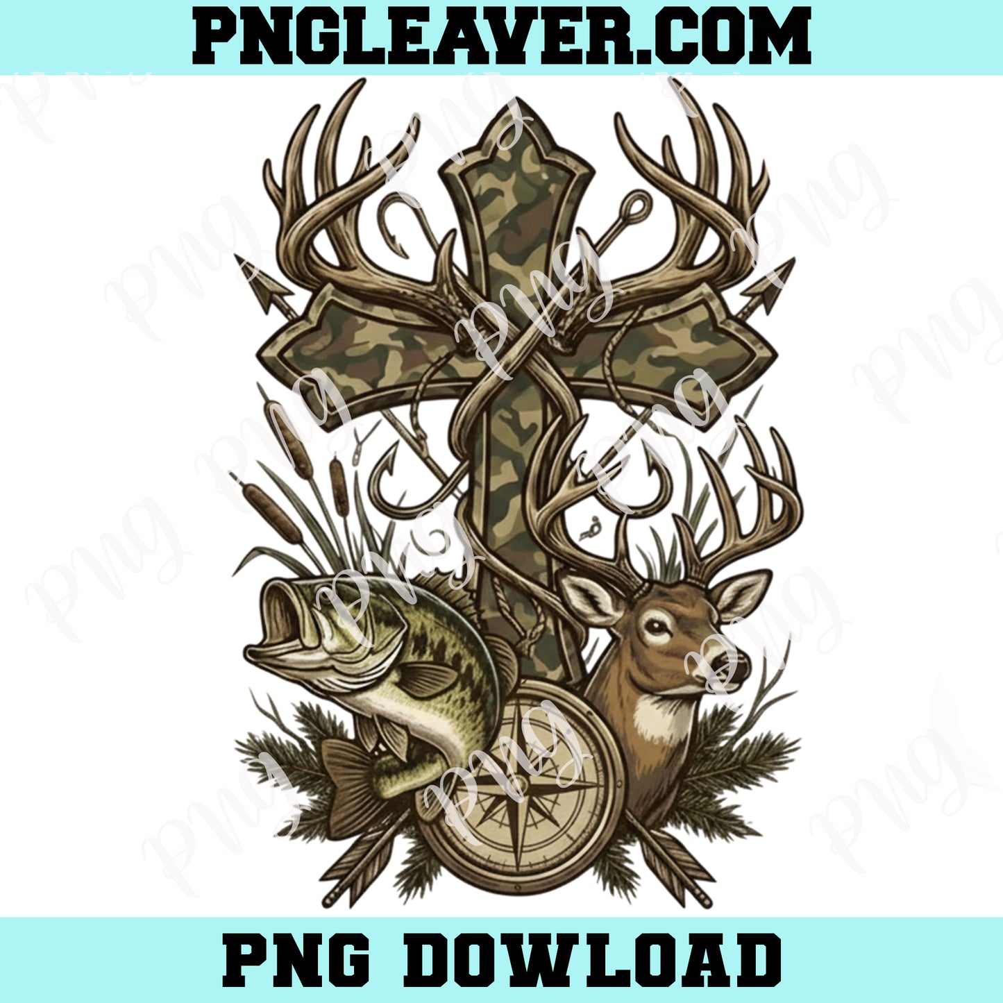 Camo Cross And Fishing Png, High Resolution Transparent Rustic Outdoor Faith Design Png