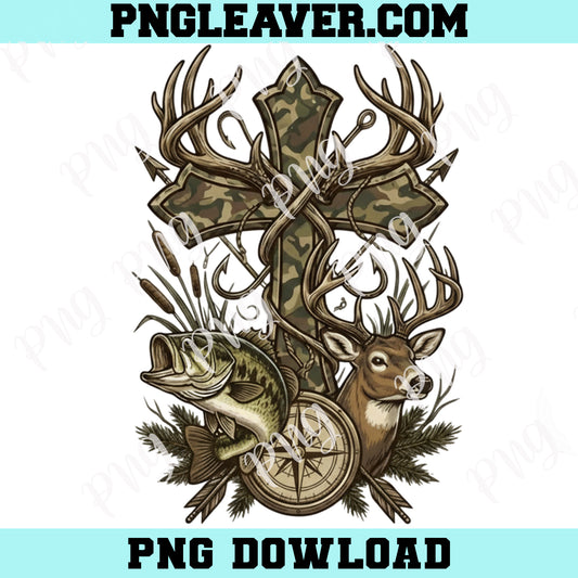 Camo Cross And Fishing Png, High Resolution Transparent Rustic Outdoor Faith Design Png