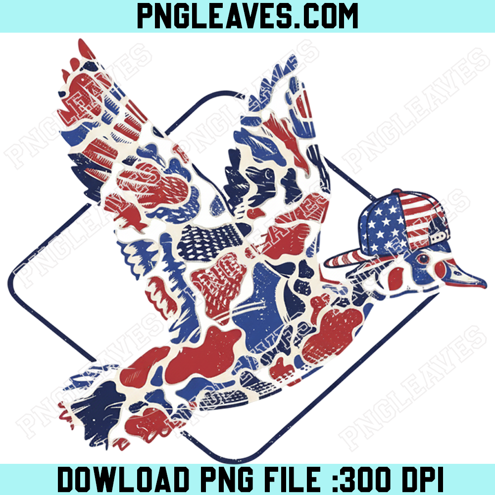 Camo Flying Mallard Duck Png, 4th of July Patriotic Duck Hunting Png, USA Red White Blue Png