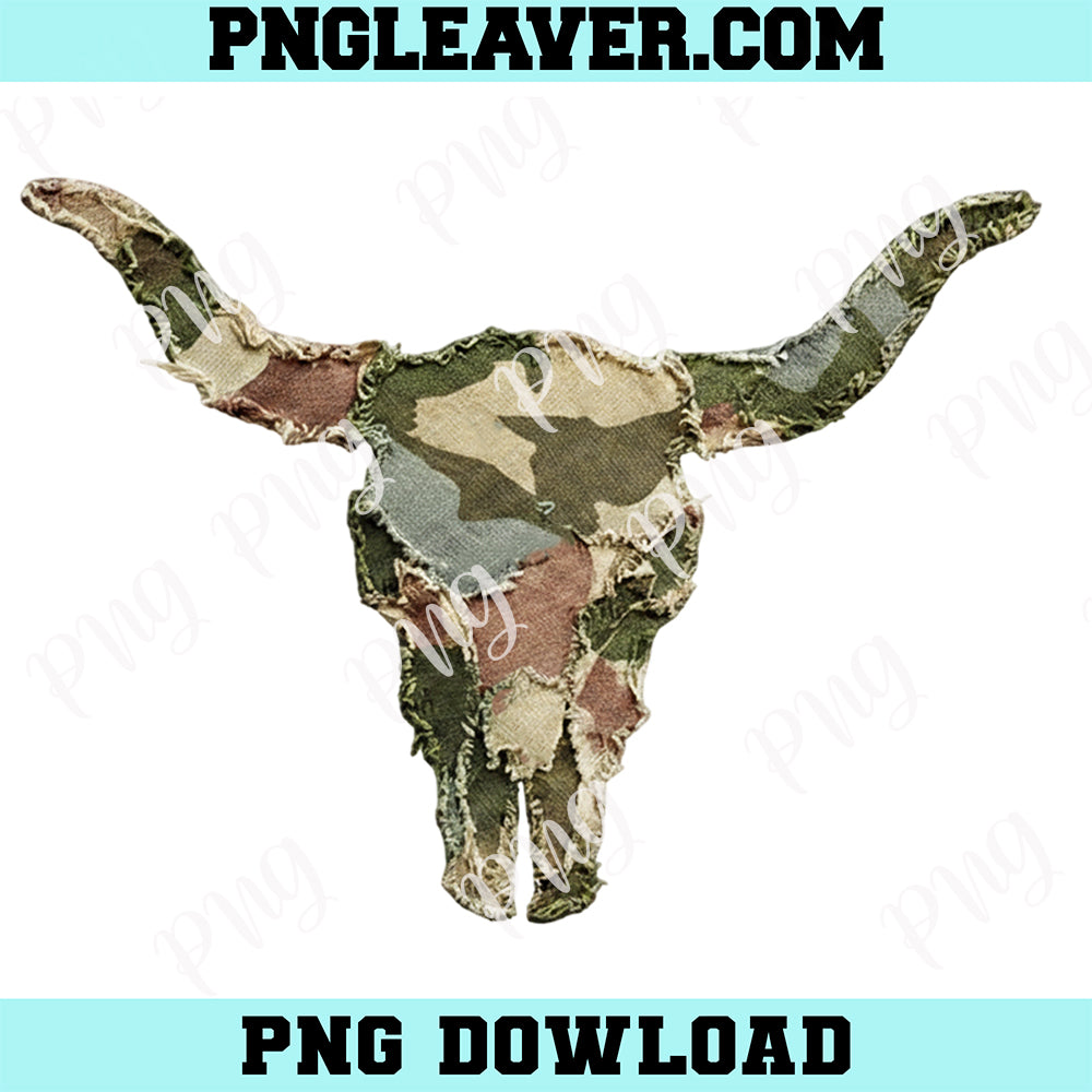 Camo Longhorn Skull Patchwork Png, Western Cow Skull Png