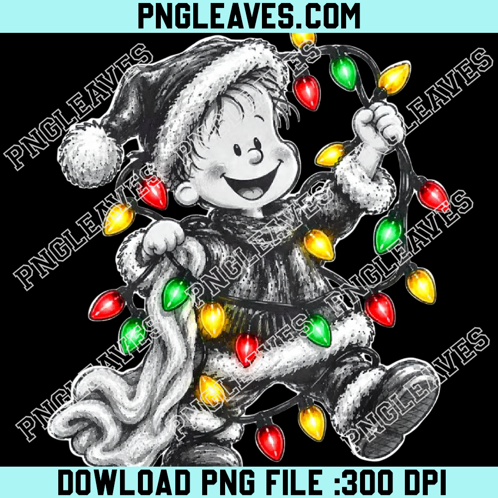 Charlie Brown tangled in colorful Christmas lights PNG, Festive cartoon boy holiday vector PNG