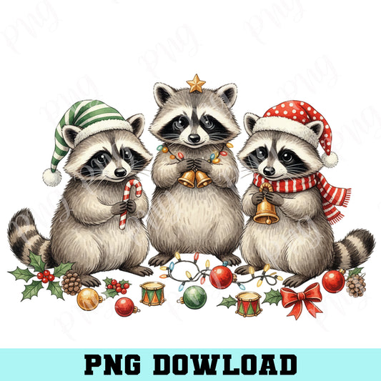 Baby Raccoons Happy Christmas Png, Christmas Santa Raccoons PNG, Gift Holiday Raccoons Png