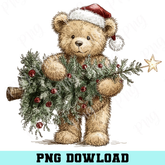 Christmas Tree And Bear Png, Bear Christmas Bear Png, Retro Christmas Png