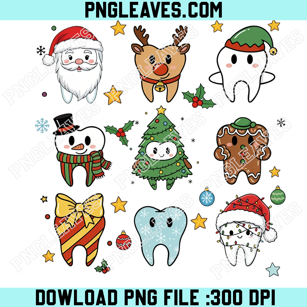 Christmas Dental Tooth Characters PNG, Cute Dentist Santa Reindeer Snowman Holiday Clipart Bundle
