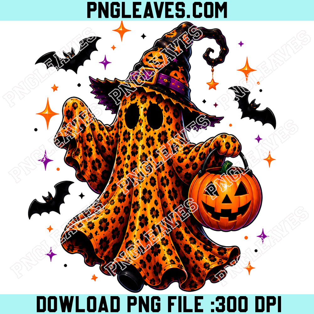 Coquette Leopard Ghost PNG, Cute Halloween Ghost PNG, Witch Hat Pumpkin Bucke PNG