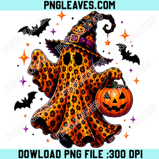 Coquette Leopard Ghost PNG, Cute Halloween Ghost PNG, Witch Hat Pumpkin Bucke PNG