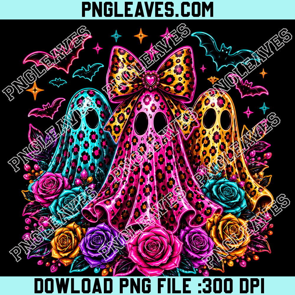 Coquette Neon Ghost Trio PNG, Leopard Halloween Ghost PNG, Floral Spooky Season PNG