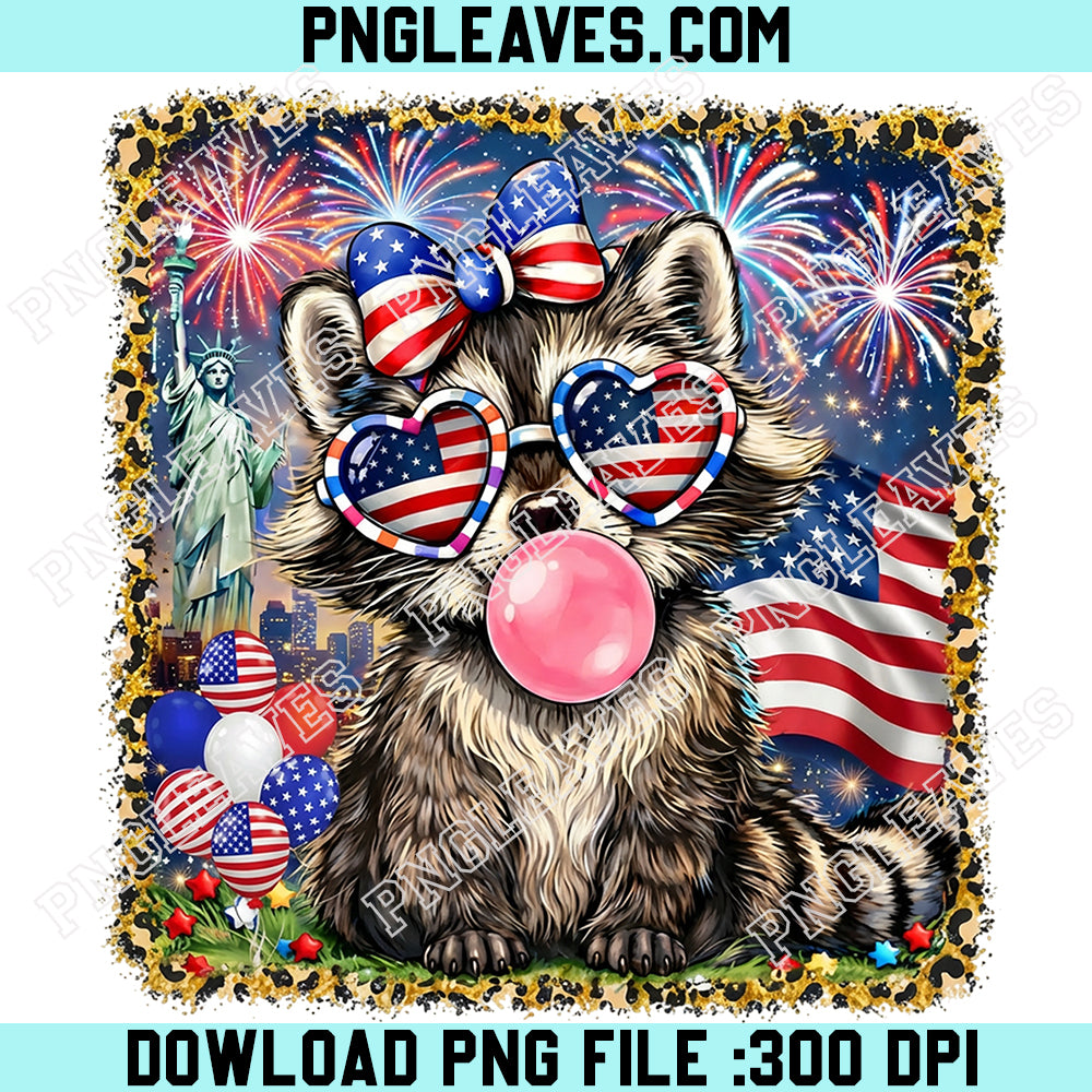 Coquette Patriotic Raccoon America Png, American Flag Png, USA Sunglasses Raccoon Png