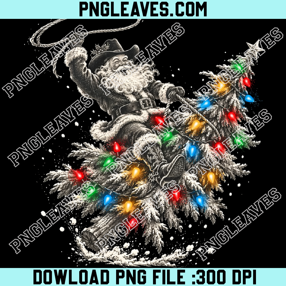 Cowboy Santa riding Christmas tree PNG, Western Santa Claus holiday PNG