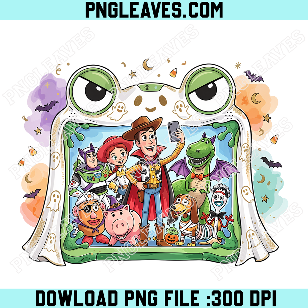 Toy Story Halloween Frog Frame PNG, Woody Jessie Buzz and Friends Spooky Group Photo Design