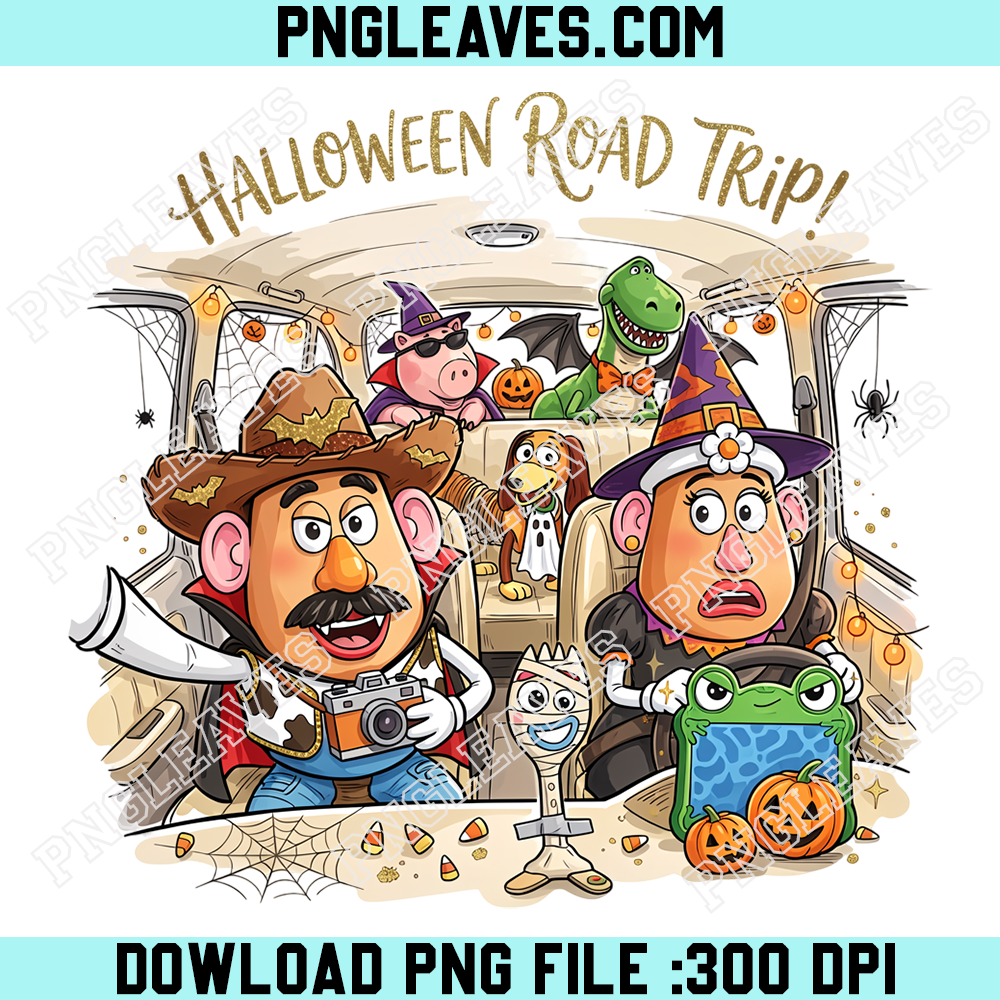 Toy Story Halloween Road Trip PNG, Mr and Mrs Potato Head Rex and Slinky Dog Adventure Design