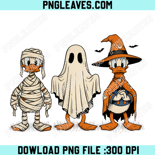 Donald Duck Halloween Costume Trio PNG, Mummy Ghost and Witch Spooky Design