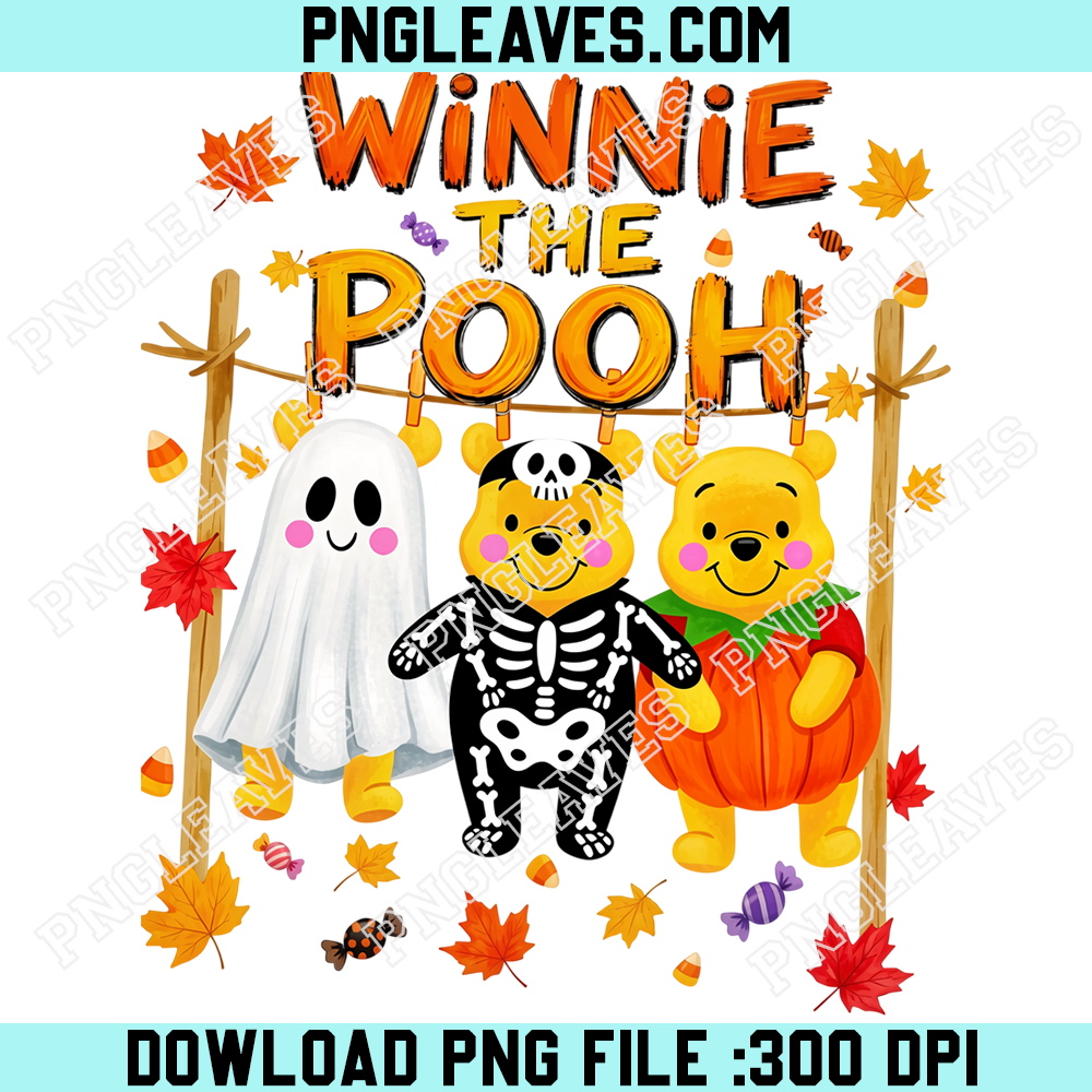 Pooh Bear Halloween Costume Trio PNG, Cute Ghost Skeleton Pumpkin Fall Celebration