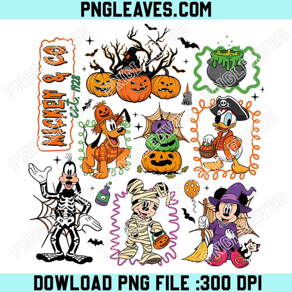 Disney Halloween Character Sticker Collage PNG, Mickey Minnie Goofy Spooky Scrapbook Art