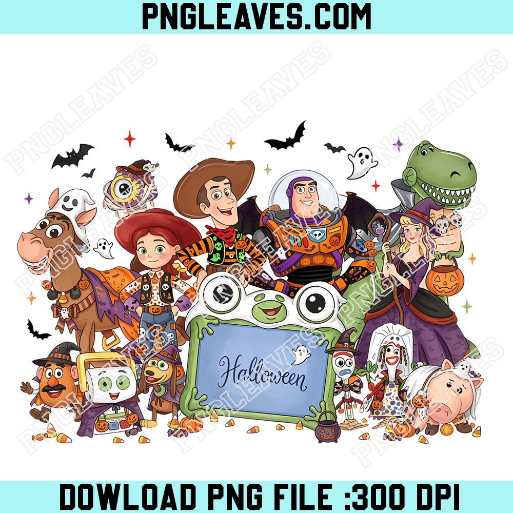 Toy Story Halloween Party Group PNG, Woody Buzz Jessie Rex Alien Costume Celebration