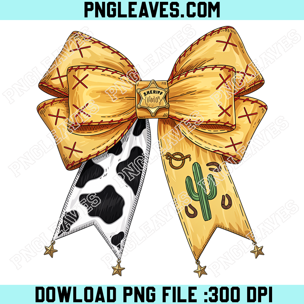 Sheriff Woody Inspired Cheer Bow PNG, Western Cactus Cowhide Cowboy Ribbon Clipart