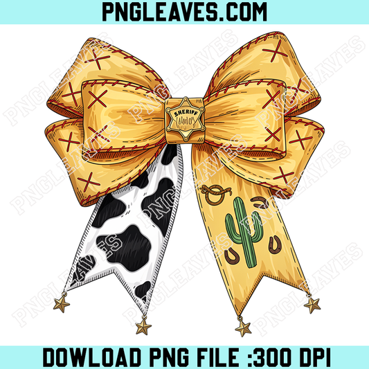 Sheriff Woody Inspired Cheer Bow PNG, Western Cactus Cowhide Cowboy Ribbon Clipart