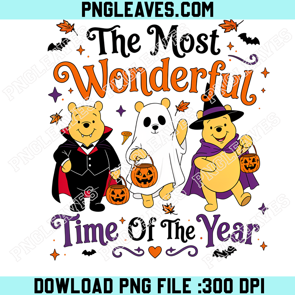 Winnie the Pooh Wonderful Halloween Time PNG, Cute Pooh Bear Vampire Ghost Witch Trick or Treat Design
