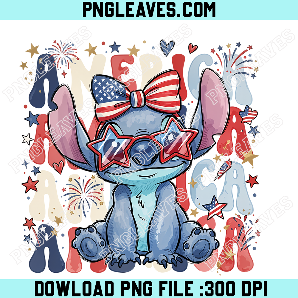 Stitch America Patriotic Bow PNG, Cute Stitch Star Sunglasses USA Fireworks Design